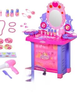 Alternative view of Table & Stool Pretend Playset Dressing Table Set with Mirror Light Sound Working Hair Dryer Makeup Accessories for Toddlers Girls