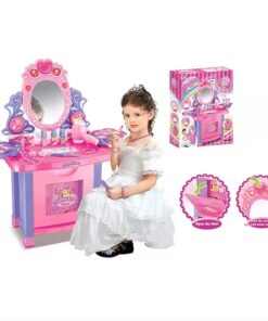 Table & Stool Pretend Playset Dressing Table Set with Mirror Light Sound Working Hair Dryer Makeup Accessories for Toddlers Girls