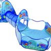 a blue tent with a tunnel and balls pool