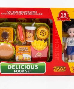 al3aby 82 Delicious Fast Food Simulation Play Set with Doll – 16 Pieces