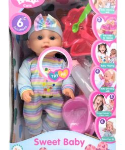 Sweet Baby 6-Function Interactive Nurturing Doll – Rainbow Stripe Jumpsuit Set with "Drinks & Pees" Realistic Care Simulation, Potty Tableware & Sound Core