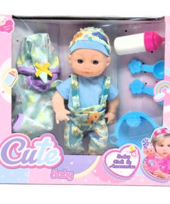 Cute Baby Nurturing Doll & Accessories Playset – 6-Piece Toddler My First Doll Kit with Dinosaur Overalls, Alternative Pajamas, Feeding Bottle & Soft Bib