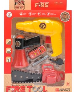 City Fire-Rescue Simulated Fire Tools Kit – 7-Piece Power Drill Edition with Toy Chainsaw, Megaphone, Emergency Whistle & 911 Commander Car