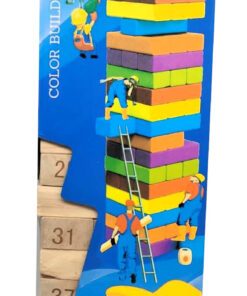 54-Piece Color Wood Building Blocks Set – Classic Tumble Tower Stacking Game with Laser-Engraved Numbers, Rainbow Wooden Bricks & Included Game Dice