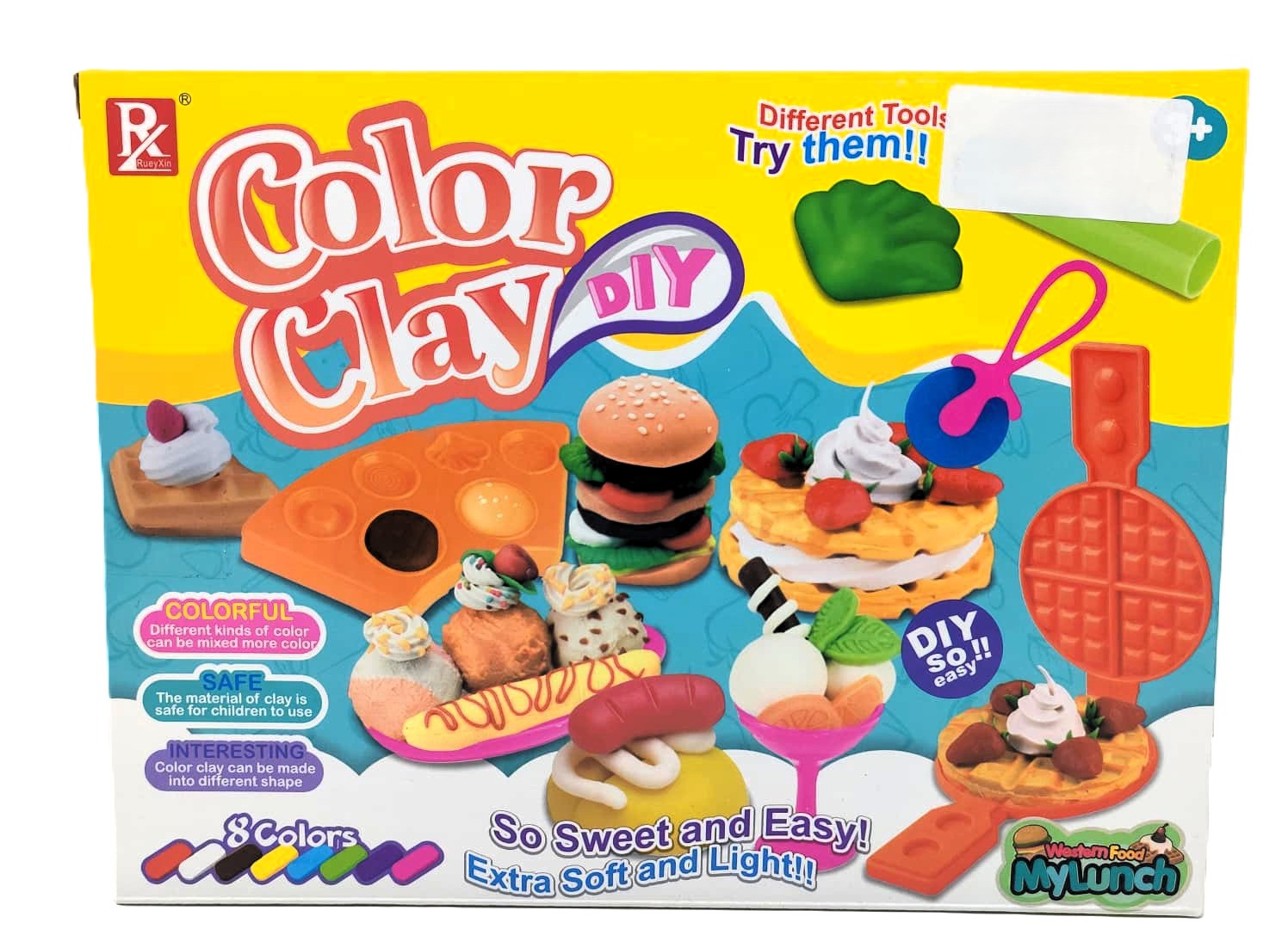 Color Clay DIY Western Food Lunch Set – 8-Color Ultra-Soft Modeling Dough Studio with Waffle Iron Press, Burger Molds & Pizza Roller 1 Color Clay DIY Western Food Lunch Set – 8-Color Ultra-Soft Modeling Dough Studio with Waffle Iron Press, Burger Molds & Pizza Roller
