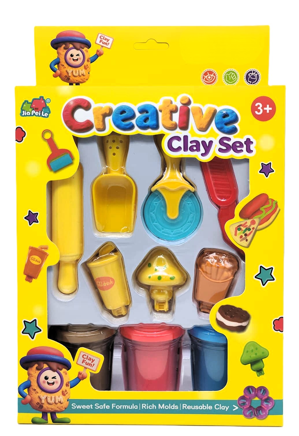 Jia Pei Le Fast Food Creative Clay Set – 3-Color Premium Modeling Dough Kit with Pizza Cutter Wheel, French Fry Stamps, Soda Cup Molds & Roller 1 Jia Pei Le Fast Food Creative Clay Set – 3-Color Premium Modeling Dough Kit with Pizza Cutter Wheel, French Fry Stamps, Soda Cup Molds & Roller
