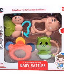Developmental Baby Rattles Sensory Set – 4-Piece Infant Teether & Grab Toy Gift Pack with Butterfly, Hippo, Teddy Bear & Textured Tambourine