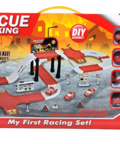 Rescue Parking DIY Assembly Racing Set – 41 PCS Modular Fire Dept. Track Toy with Multi-Level Overpass Ramps, Gas Station & 4 Die-Cast Kid Cars 3D