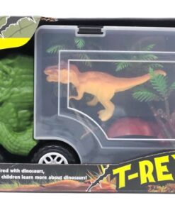 T-Rex Dino Truck Handheld Storage Trailer – Transporter Carrier Toy Set with 3D Tyrannosaurus Head, Mini Dinosaurs & Double-Sided Window Display Cases