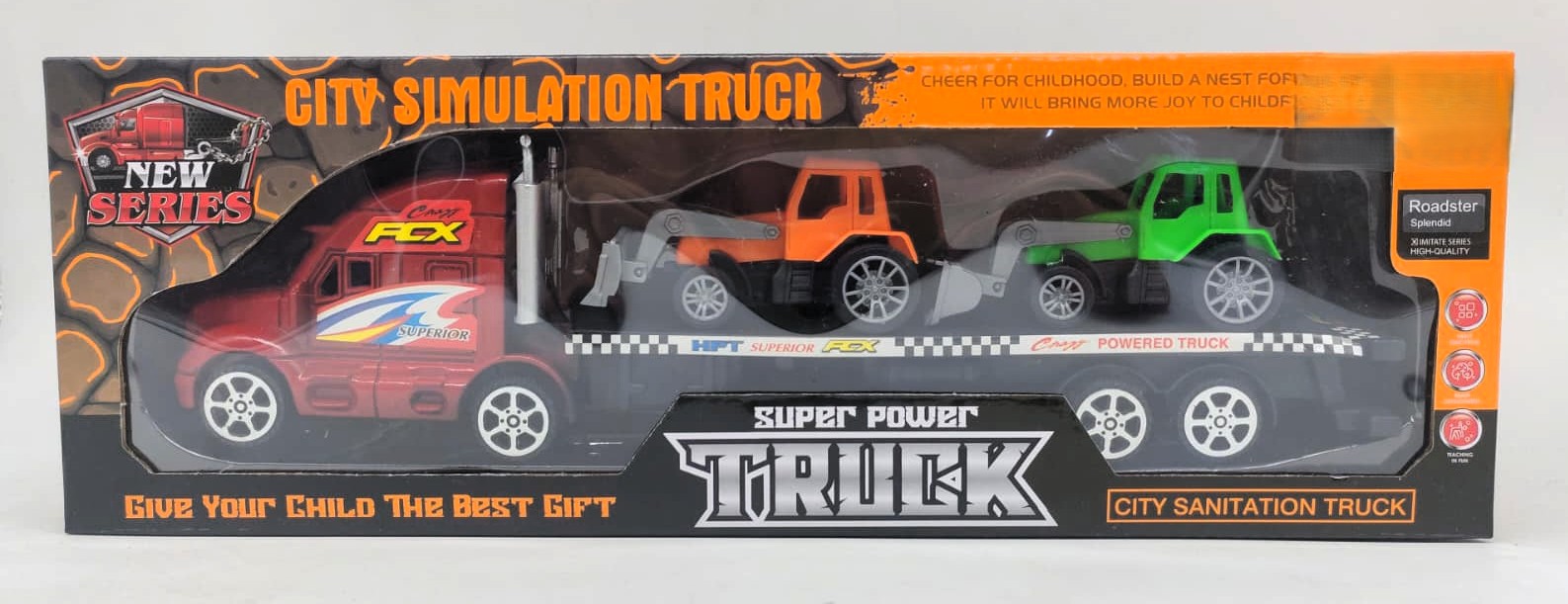 Super Power City Simulation Car Carrier Truck – Heavy-Duty Flatbed Transporter Set with 2 Toy Construction Excavators 1 Super Power City Simulation Car Carrier Truck – Heavy-Duty Flatbed Transporter Set with 2 Toy Construction Excavators