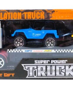 Super Power City Simulation Car Carrier Truck – Heavy-Duty Flatbed Transporter Set with 2 Toy Off-Road Adventure Jeeps
