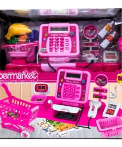 "Happy Cashier" Supermarket Pretend Play Set with Cash Register, Cart & Fruit Accessories (Pink)