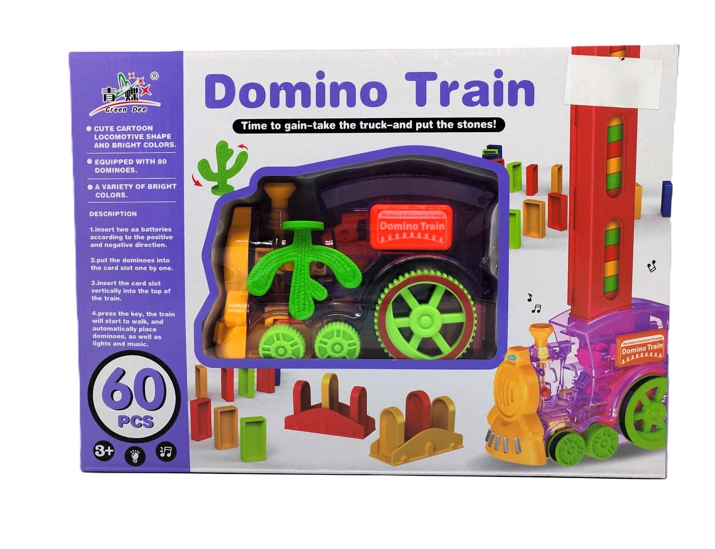 Automatic Domino Train Set – Transparent Musical Locomotive with 60-Piece Domino Blocks