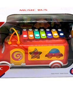 Huanger Interactive Music Bus – 3-in-1 Early Education Xylophone, Shape Sorter & Pull-Along Toy