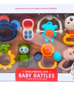 Cute Styling Infancy Developmental Baby Rattles Deluxe Pack – 8-Piece Sensory Teething, Audio Shaker & Interactive Interlocking Nursery Gift Box Set
