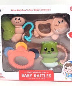 Cute Styling Infancy Developmental Baby Rattles Pack – 4-Piece Sensory Teething and Grasping Set with Internal Audio Shaker Beads, Ergonomic Easy-Hold Handles, and Rounded Contours