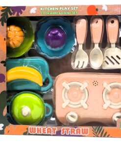 al3aby 74 Kindly Kitchen Eco-Friendly Wheat Straw Culinary Playset – Organic Composite Pretend Cookware & Dining Station with Dual-Burner Range, Cutting Board, Play Utensils & Harvest Vegetables