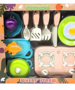 al3aby 72 Kindly Kitchen Eco-Friendly Wheat Straw Gourmet Playset – Organic Composite Pretend Cookware & Breakfast Dining Station with Dual-Burner Range, Cutting Board, Play Utensils & Golden Harvest Seafood Set