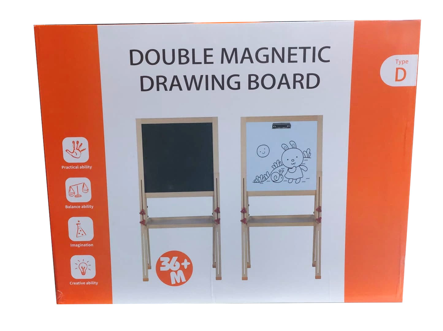 Premium Double Magnetic Drawing Board (Type D) – Medium Height-Adjustable Wooden Learning Easel with Top Paper Binder, Moisture-Resistant Whiteboard & Slate Chalkboard