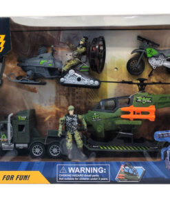 al3aby 80 Military Army Situational Games Heavy Logistics Transporter Playset – 10-Wheel Cargo Flatbed Hauler with Recon Chopper, Swamp Airboat, Combat Bike & Articulated Commando