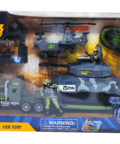 al3aby 78 Military Army Situational Games Heavy Logistics Armored Transport Playset – 10-Wheel Flatbed Hauler Truck with Camouflage Combat Tank, Scout Chopper, Assault Raft & Soldier Action Figure