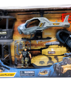 al3aby 74 Special Combat Vehicles Playset Defense Strike Pack – Desert Camouflage Battle Tank with Scout Helicopter, Armored Personnel Carrier, Watchtower Station & Commando Figure
