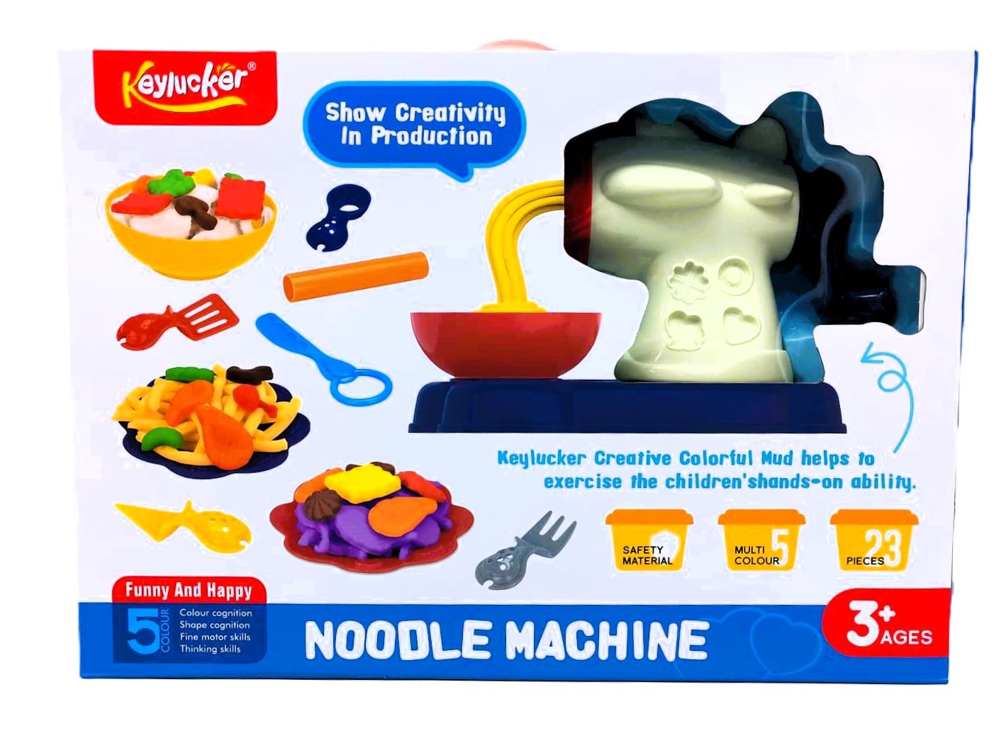 Keylucker Creative Colorful Mud Noodle Machine – 23-Piece DIY Modeling Dough Extruder Playset with 5 Vibrant Colors, Shaping Cutters, and Play Kitchen Dinnerware 1 Keylucker Creative Colorful Mud Noodle Machine – 23-Piece DIY Modeling Dough Extruder Playset with 5 Vibrant Colors, Shaping Cutters, and Play Kitchen Dinnerware
