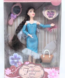 Fashion Girl Elegant Braided Doll Set – 11-Inch Poseable Fashion Doll with Blue Tulle-Trim Dress, Handheld Vanity Mirror & "Lucky" Designer Handbag
