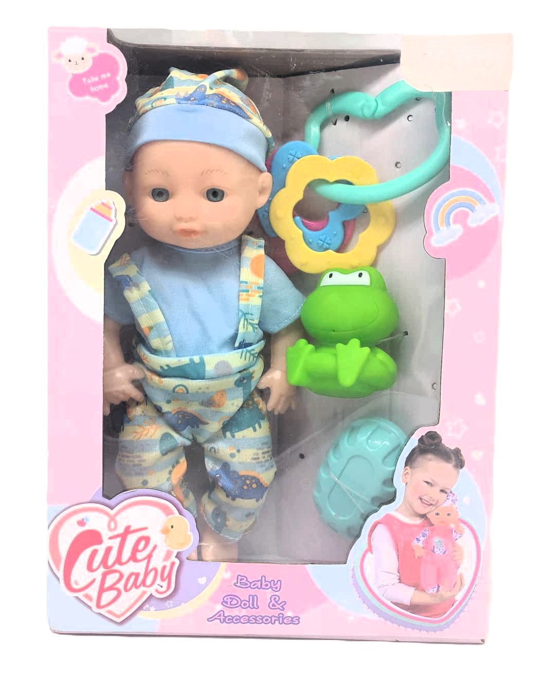 Cute Baby Dinosaur Outfit Doll & Accessories Playset – Early Toddler Nurturing Toy with Rattle and Bath Frog 1 Cute Baby Dinosaur Outfit Doll & Accessories Playset – Early Toddler Nurturing Toy with Rattle and Bath Frog