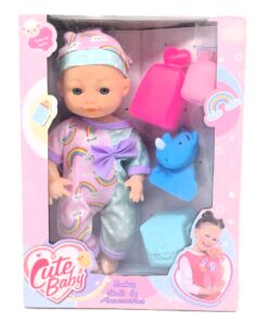 Cute Baby Rainbow Outfit Doll & Accessories Playset – Early Toddler Nurturing Toy with Rhino and Feeding Bottle