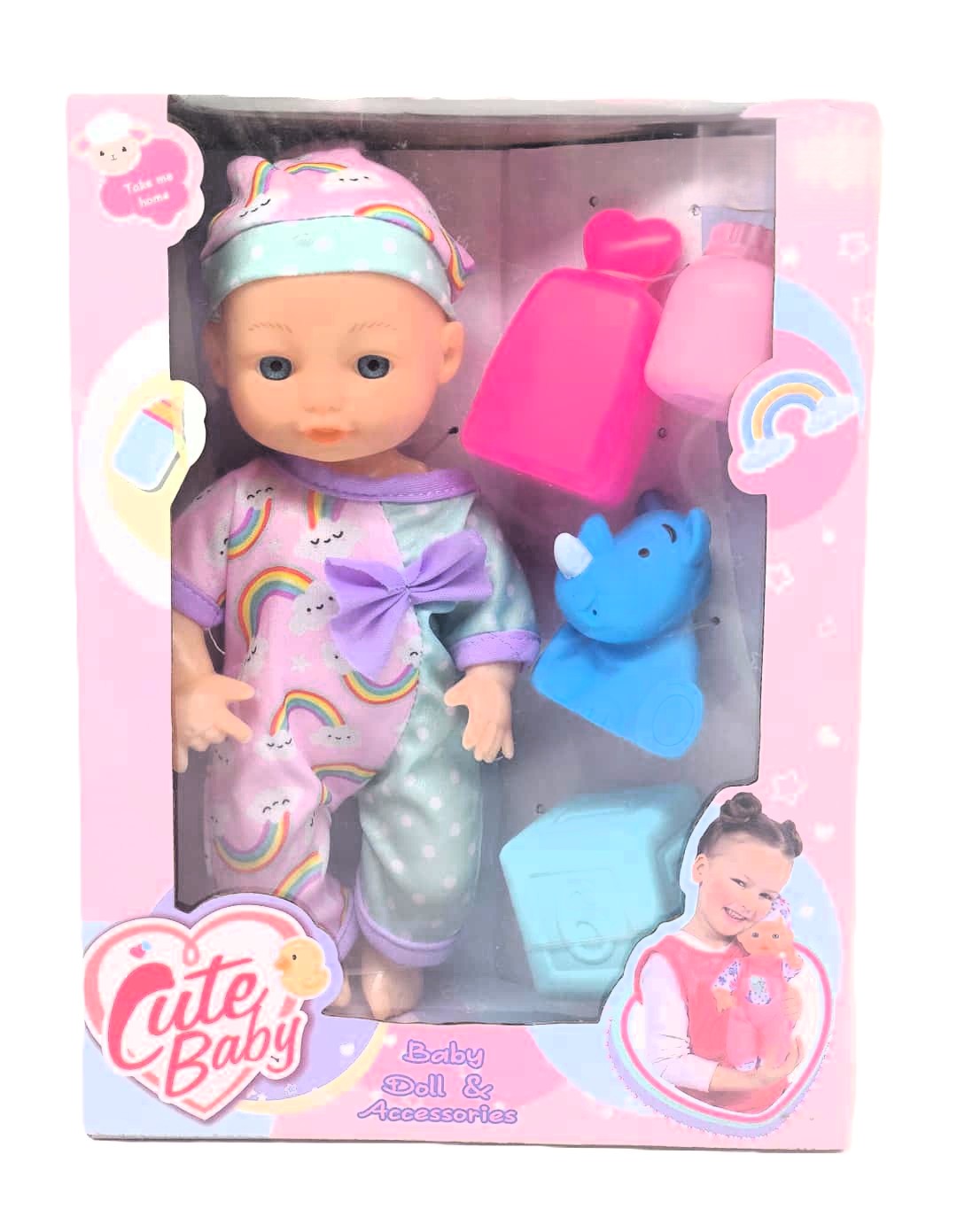 Cute Baby Rainbow Outfit Doll & Accessories Playset – Early Toddler Nurturing Toy with Rhino and Feeding Bottle 1 Cute Baby Rainbow Outfit Doll & Accessories Playset – Early Toddler Nurturing Toy with Rhino and Feeding Bottle