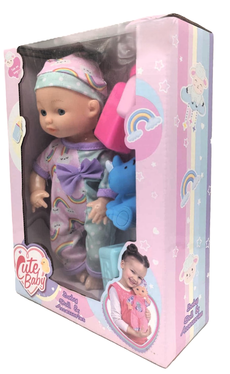 Cute Baby Rainbow Outfit Doll & Accessories Playset – Early Toddler Nurturing Toy with Rhino and Feeding Bottle 2 Cute Baby Rainbow Outfit Doll & Accessories Playset – Early Toddler Nurturing Toy with Rhino and Feeding Bottle - Image 2