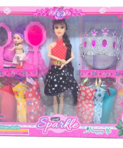 Princess Dress Style Wardrobe Station – 12-Piece Royal Boutique Playset with Blonde Fashion Doll, Interchangeable Gowns, Glamour Handbags & Special Carry Case (Magenta Ribbon Edition)