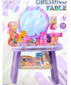 Deluxe Purple Dressing Table Studio – 53-Piece Pretend Play Makeup Vanity with Large Round Mirror, Toy Hairdryer, Open Storage Shelf & Beauty Accessories