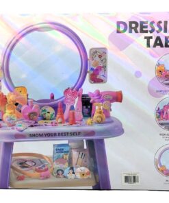 Alternative view of Deluxe Purple Dressing Table Studio – 53-Piece Pretend Play Makeup Vanity with Large Round Mirror, Toy Hairdryer, Open Storage Shelf & Beauty Accessories