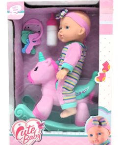 Cute Baby Rocking Unicorn Playset – Early Toddler Nurturing Doll with Toy Keys and Feeding Bottle