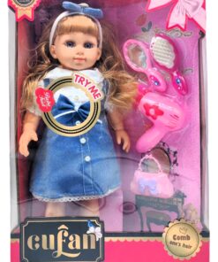Cufan Smart Baby Doll Styling Set – Interactive Nurturing Doll in Denim Dress with Toy Hairdryer, Vanity Mirror, Hairbrush, and Handbag