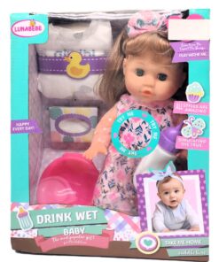 LUNABEBE Drink Wet Baby Playset – Interactive Nurturing Doll with Potty, Duck Diaper, Tissue Box, and Floral Pink Dress