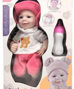 LETLONY Lovely Baby 'Dress & Play' Nurturing Doll – Open-Eyes Edition with Pink Fuzzy Bear Outfit, Hat, and Feeding Bottle