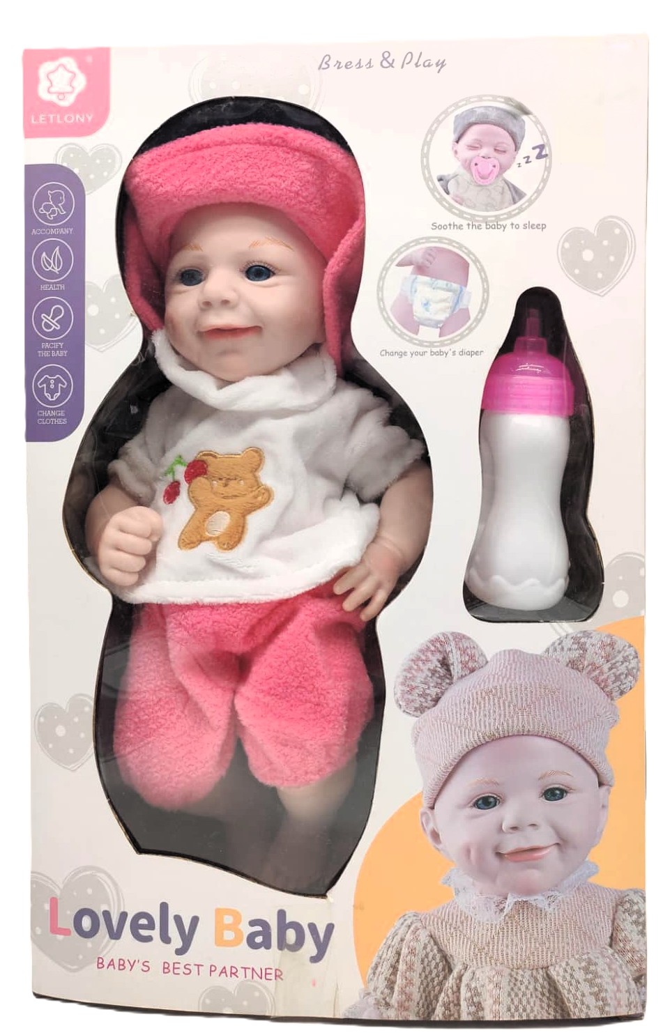 LETLONY Lovely Baby 'Dress & Play' Nurturing Doll – Open-Eyes Edition with Pink Fuzzy Bear Outfit, Hat, and Feeding Bottle 1 LETLONY Lovely Baby 'Dress & Play' Nurturing Doll – Open-Eyes Edition with Pink Fuzzy Bear Outfit, Hat, and Feeding Bottle