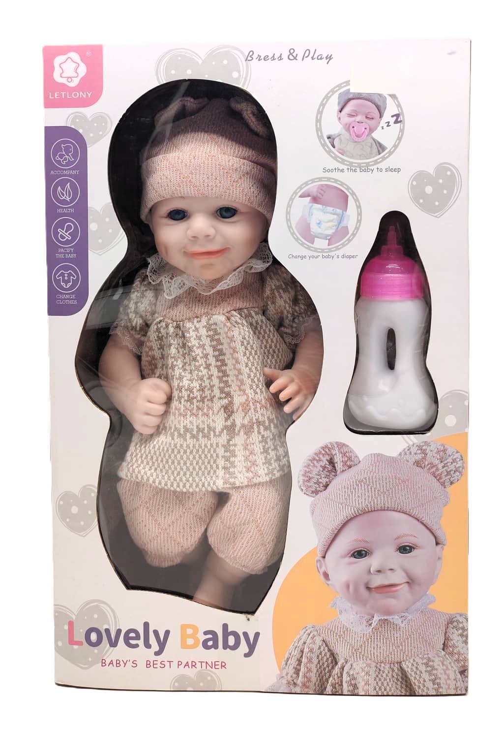 LETLONY Lovely Baby 'Dress & Play' Nurturing Doll – Open-Eyes Edition with Knit Bear-Ear Beanie and Feeding Bottle 1 LETLONY Lovely Baby 'Dress & Play' Nurturing Doll – Open-Eyes Edition with Knit Bear-Ear Beanie and Feeding Bottle