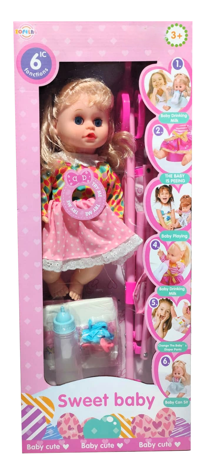Zofflng Sweet Baby Doll Playset – Interactive 6-Function Nurturing Doll with Pink Toy Stroller, Feeding Bottle, and Diaper 1 Zofflng Sweet Baby Doll Playset – Interactive 6-Function Nurturing Doll with Pink Toy Stroller, Feeding Bottle, and Diaper