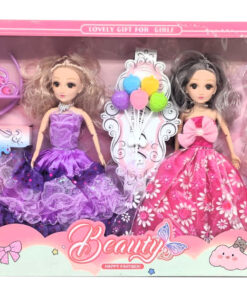 Beauty Happy Partner Twin Fashion Doll Playset – Articulated Dolls in Purple & Pink Gowns with Tiara, Extra Dresses, and Styling Accessories (Item No. MY3204)