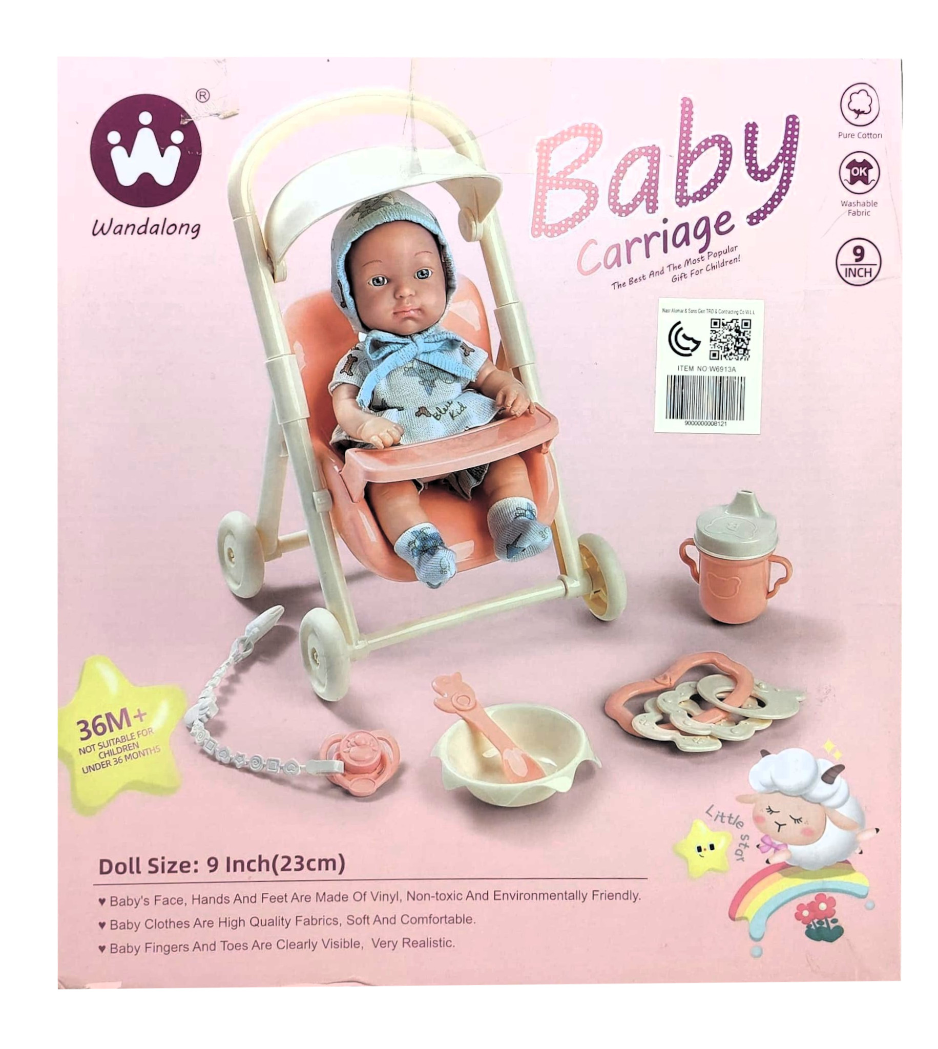 Wandalong 9-Inch Baby Carriage Imitation Toy Playset – Vinyl Doll with Stroller, Feeding Set, and Pacifier (Item NO: W6913A) 4 Wandalong 9-Inch Baby Carriage Imitation Toy Playset – Vinyl Doll with Stroller, Feeding Set, and Pacifier (Item NO: W6913A) - Image 4