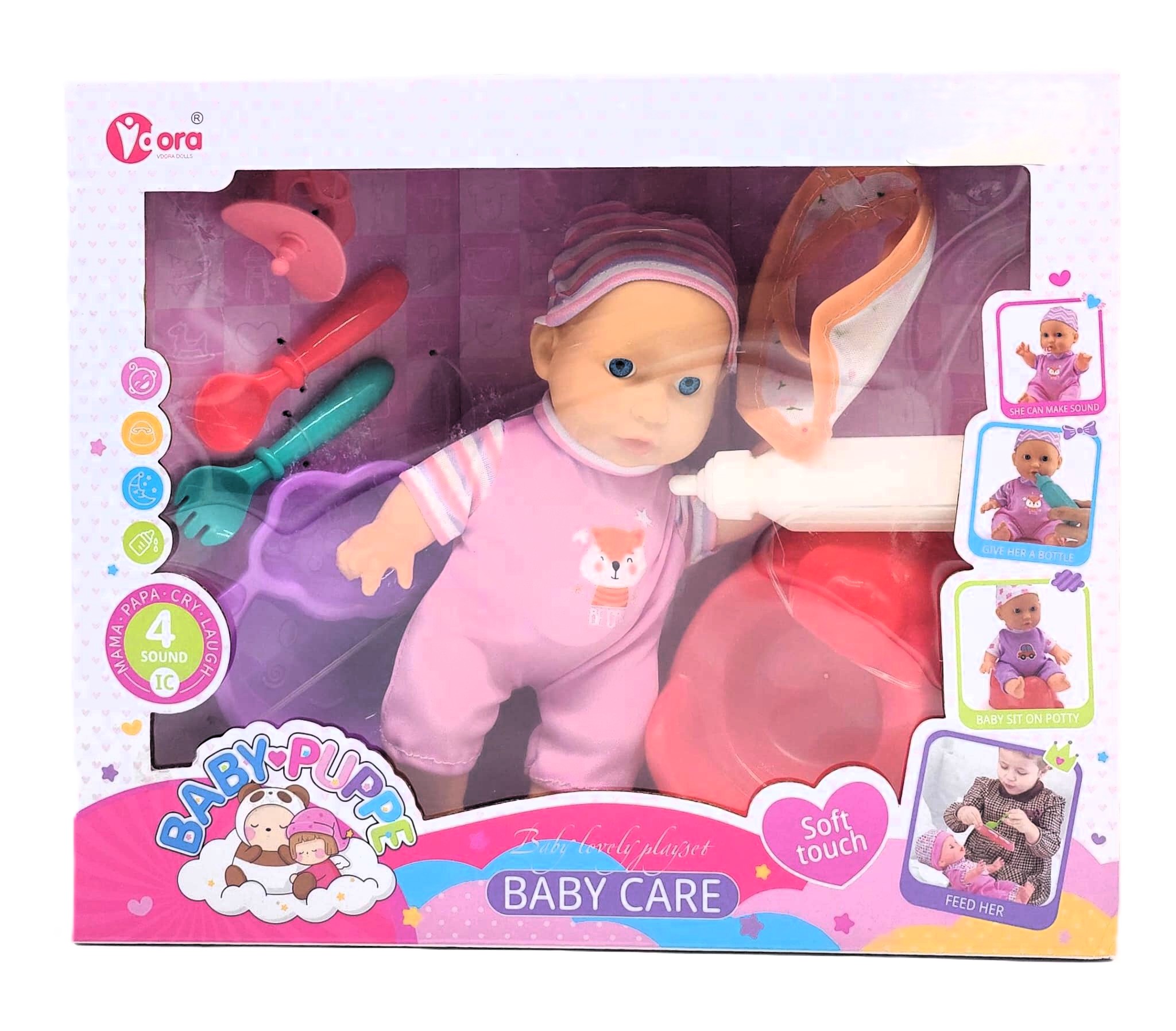 Voora Baby Puppe Baby Care Playset – Soft Touch Interactive Doll with 4 Sounds, Potty, and Feeding Kit (Item NO: WZB662-3) 1 Voora Baby Puppe Baby Care Playset – Soft Touch Interactive Doll with 4 Sounds, Potty, and Feeding Kit (Item NO: WZB662-3)