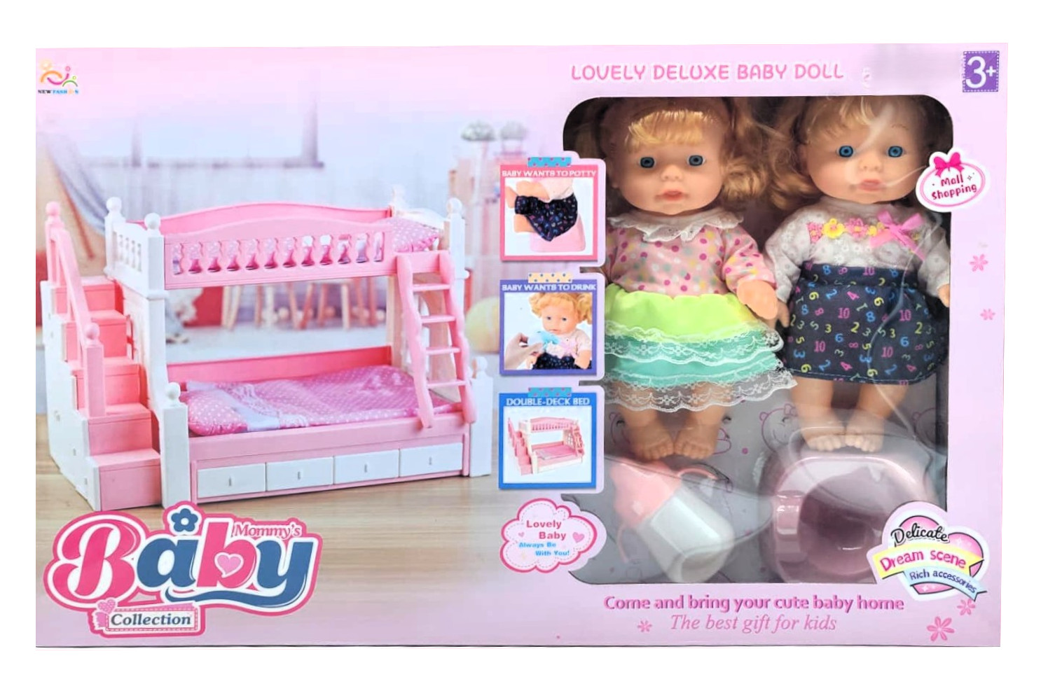 Mommy's Baby Collection – 12-Inch Twin Baby Dolls Playset with Drink & Wet Features, Double-Deck Bunk Bed, and Potty (Item NO. NEW323) 1 Mommy's Baby Collection – 12-Inch Twin Baby Dolls Playset with Drink & Wet Features, Double-Deck Bunk Bed, and Potty (Item NO. NEW323)
