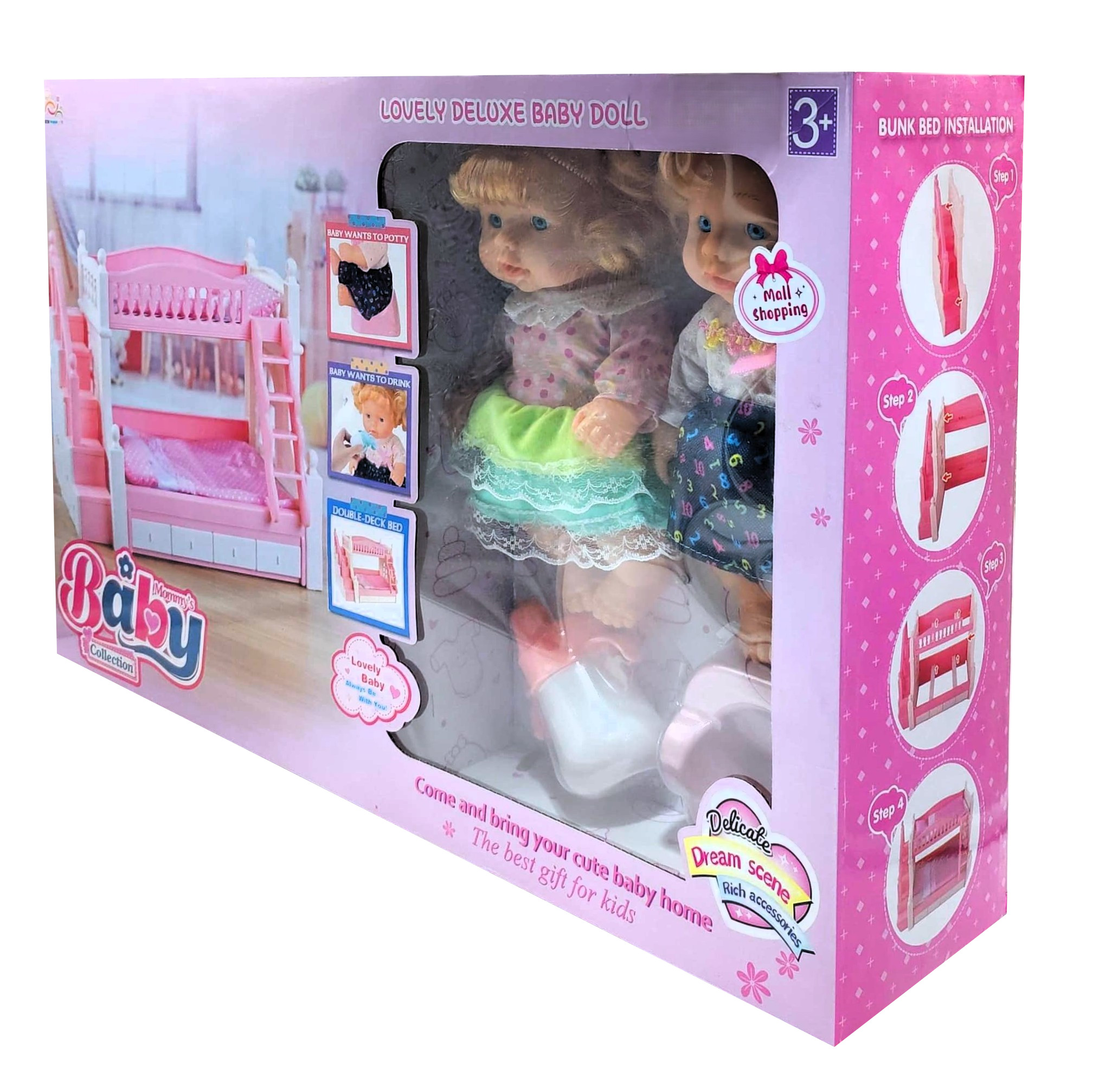 Mommy's Baby Collection – 12-Inch Twin Baby Dolls Playset with Drink & Wet Features, Double-Deck Bunk Bed, and Potty (Item NO. NEW323) 4 Mommy's Baby Collection – 12-Inch Twin Baby Dolls Playset with Drink & Wet Features, Double-Deck Bunk Bed, and Potty (Item NO. NEW323) - Image 4